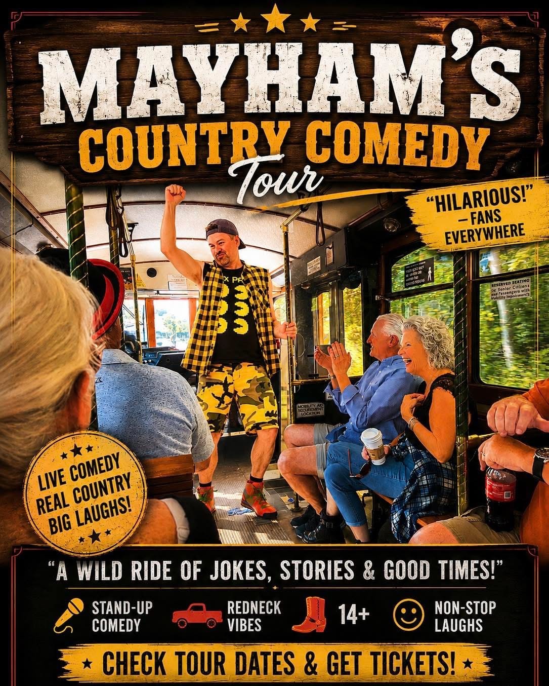 MayHam standing on the trolley bus entertaining a crowd of laughing guests