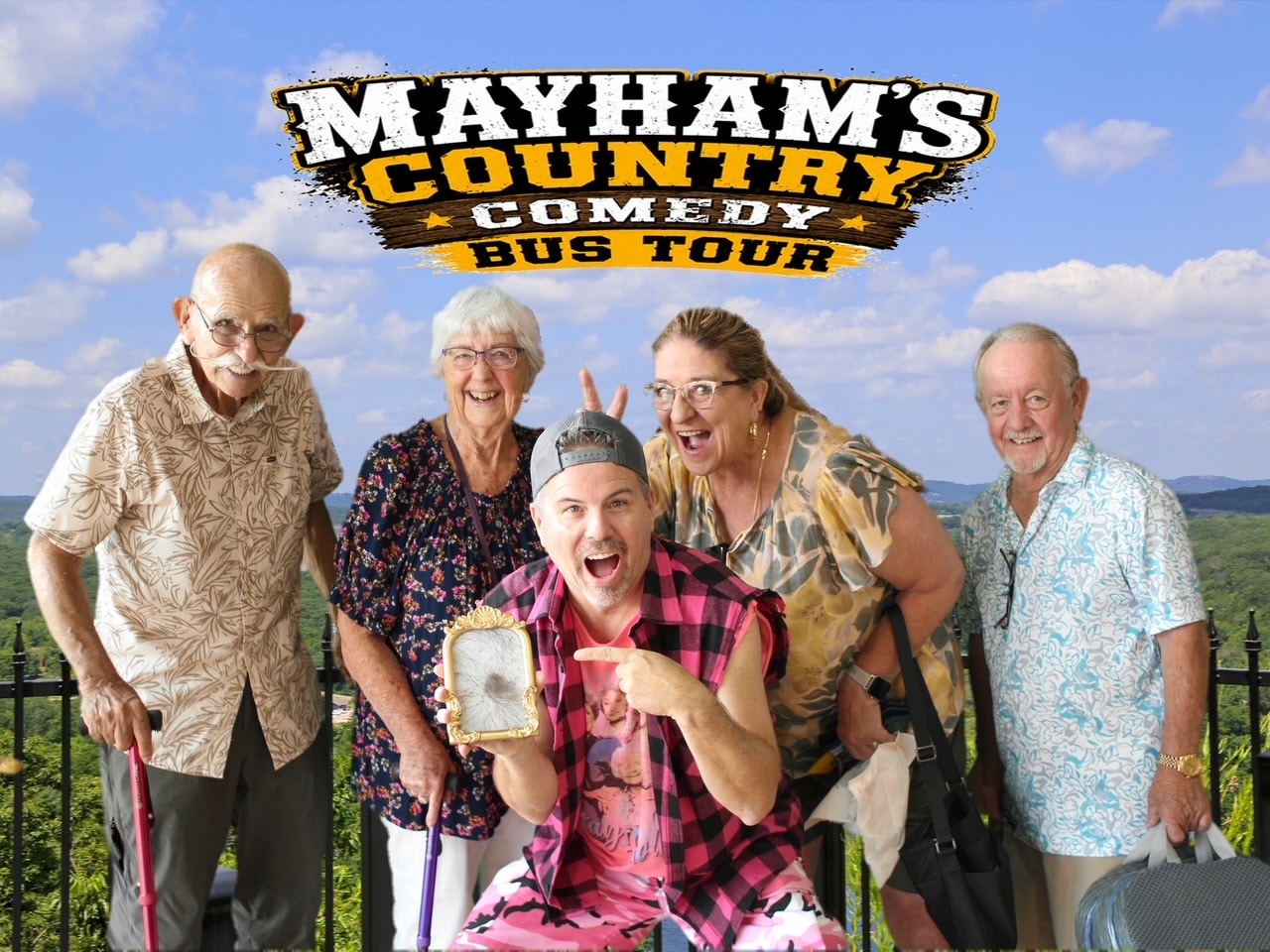 MayHam posing with guests at the Branson scenic overlook with the tour logo