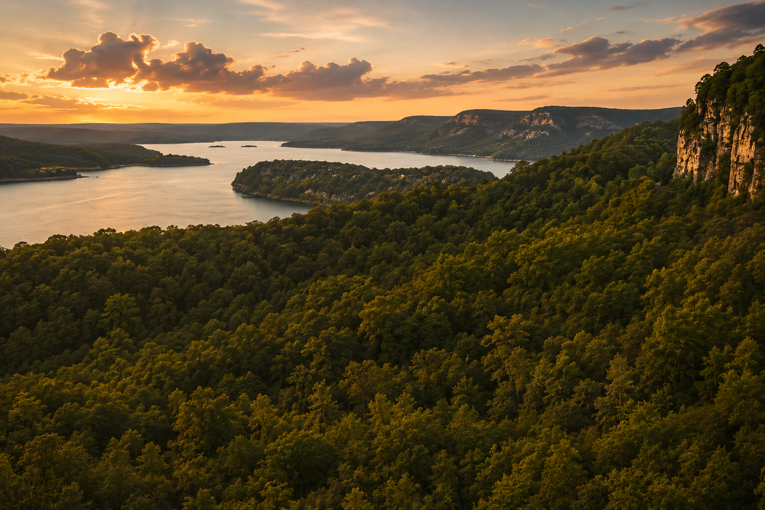 Aerial view of a forested valley with a winding lake at golden hour