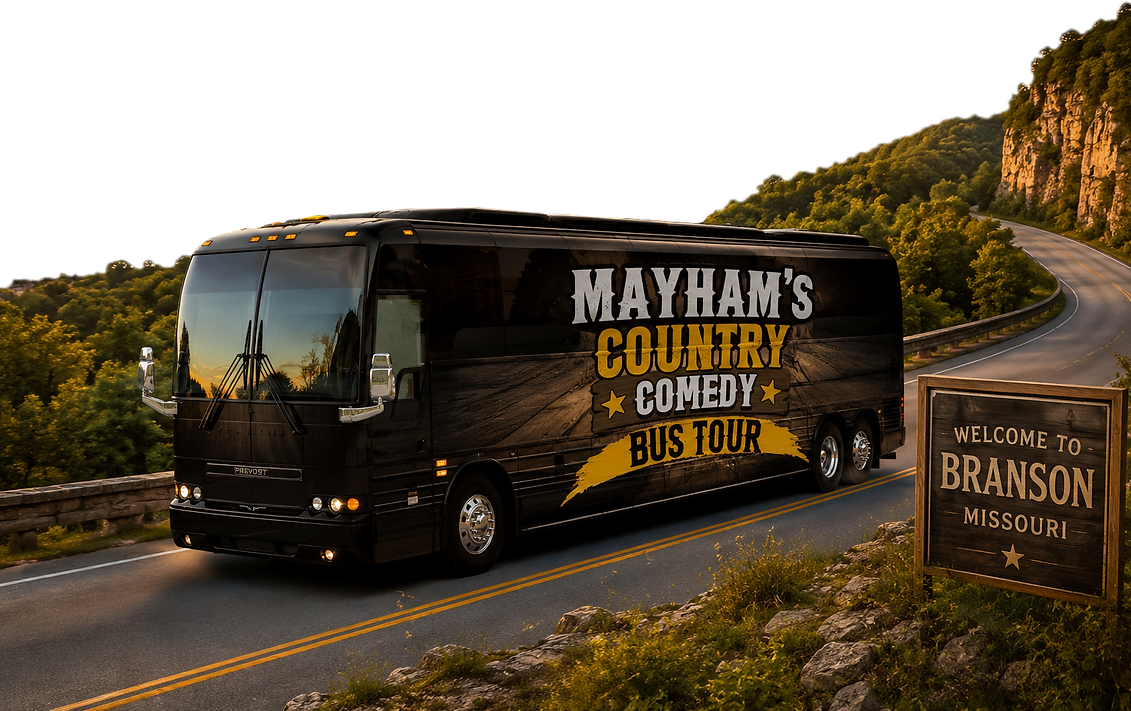 MayHam's branded tour bus on a scenic Branson mountain road
